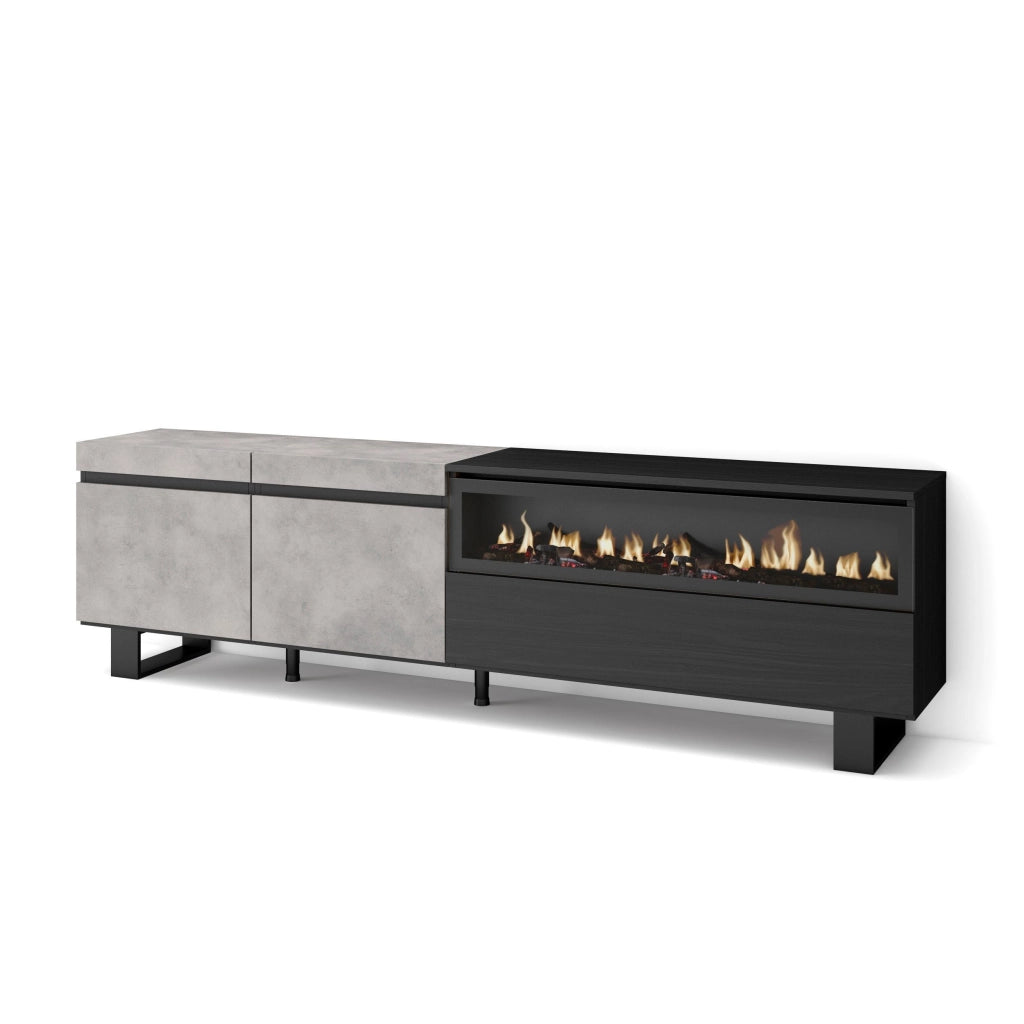 Mobile TV, 200x35x57cm, soggiorno, Per TV fino a 80", Camino elettrico, Design industriale, grigio cemento RF2248