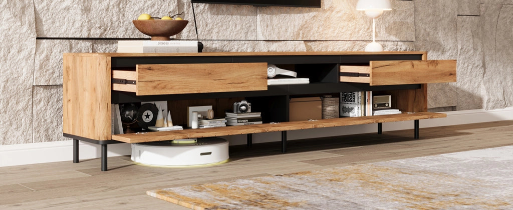 Mobile porta TV con 2 cassetti, 2 ante e passacavi, per soggiorno, in MDF e metallo, nero e naturale, 180 × 40 × 52 cm