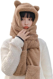 Set di sciarpe invernali con cappello e guanti per donne, multifunzionale, con forma di animale, calda e soffice, bianco