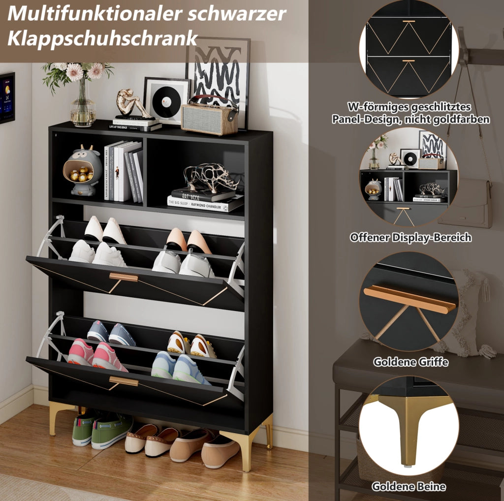 Mobile scarpiera da ingresso 80 x 25 x 117 cm in MDF nero con 2 ante ribaltabili e 2 ripiani aperti