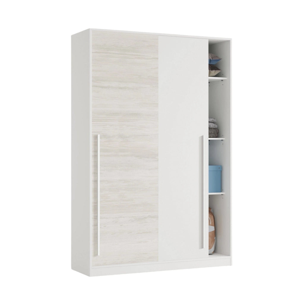 Guardaroba Aristode, Armadio per camera da letto a 2 ante scorrevoli, Mobile con barra appendiabiti e 3 ripiani, cm 120x50h200, Bianco anticato