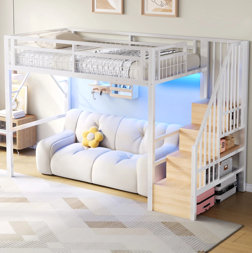 Letto a soppalco 90x200 cm con LED, scale contenitore, bianco