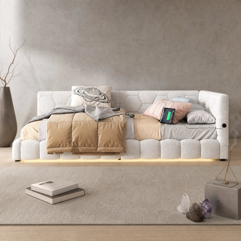 Divano letto 90x200 cm con luce LED a 16 colori; USB e USB-C; bianco