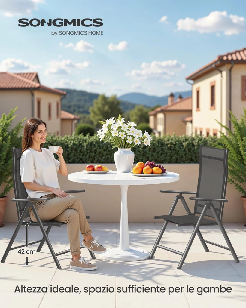 SONGMICS Sedie da Giardino, Set di 2 Sedie Pieghevoli, per Esterno, con Struttura in Metallo, Schienale Regolabile in 8 Posizioni, Capacità di Carico fino a 150 kg, Nero GCB29BK