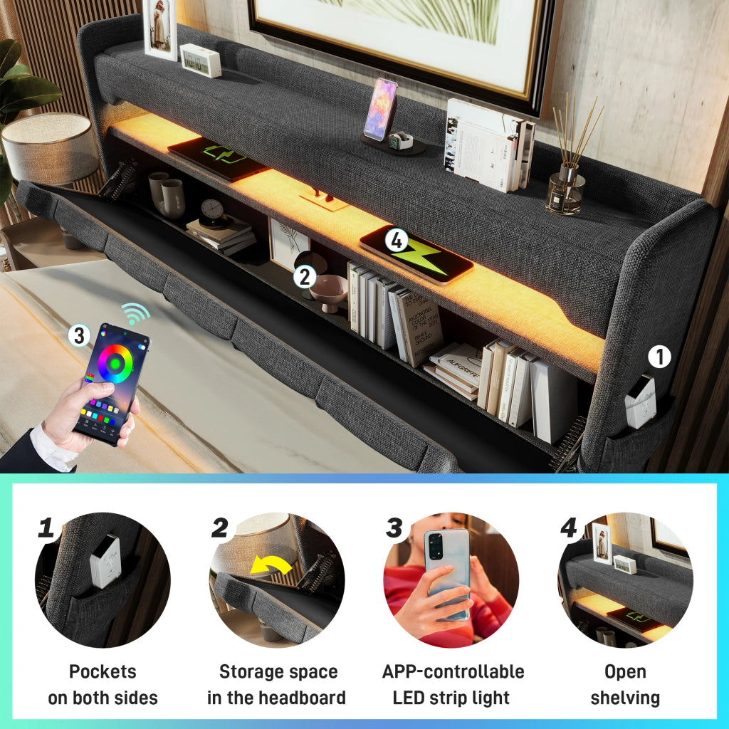 OKWISH Letto Contenitore 180×200 cm, Letto Matrimoniale con USB, Tipo C, LED Regolabile e Testiera con Contenitore, senza Materasso, Lino, Grigio