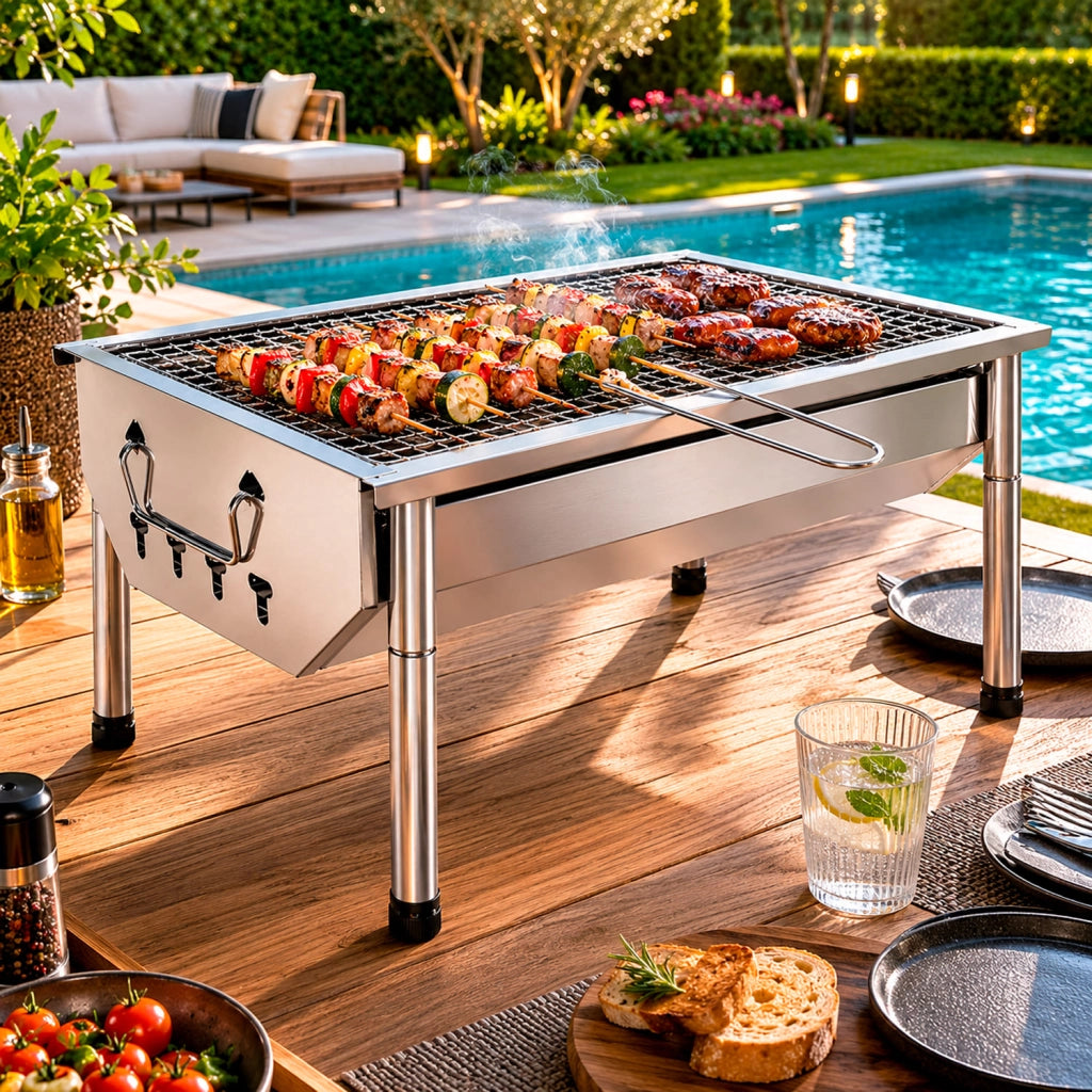 Barbecue A Carbone Portatile In Acciaio Inox Con Griglia Smontabile Gambe Pieghevoli Design Compatto Per Campeggio Picnic Giardino Outdoor 40 X 28 X 21.5 Cm Acciaio