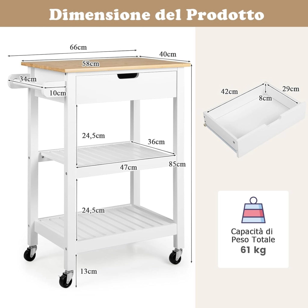 Carrello da Cucina con Ruote e Cassetto, Carrello Portaoggetti in Bambù con 2 Ripiani Aperti e Impugnatura, Carrello Bar da Cucina Sala da Pranzo Soggiorno (Bianco)