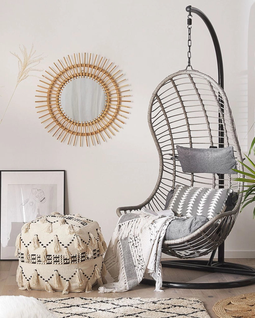 Sedia sospesa poltrona pensile con struttura in metallo rattan grigio per interni ed esterni a forma curva Boho