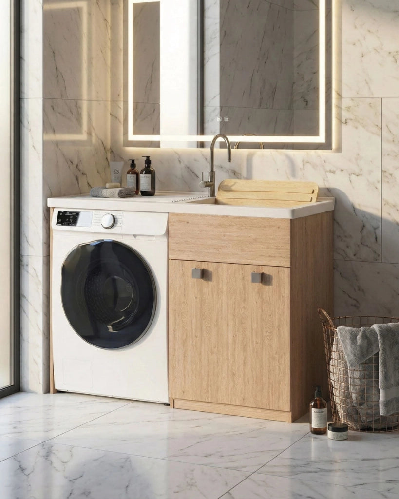 Mobile coprilavatrice Pulsa Sx - Con 2 anta e lavatoio - Contenitore salvaspazio per bagno e lavanderia - Lavatrice non inclusa - Virginia - 124x93x60 cm_
