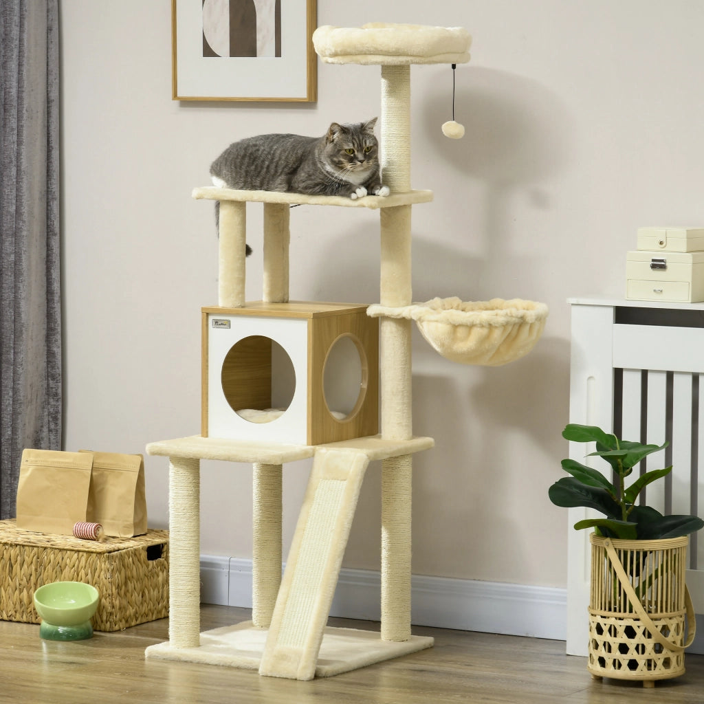 EasyComfort Albero per Gatti con Casetta, Tiragraffi per Gatti, Posatoio e Paletto, 48.5x48.5x141.5 cm, Beige