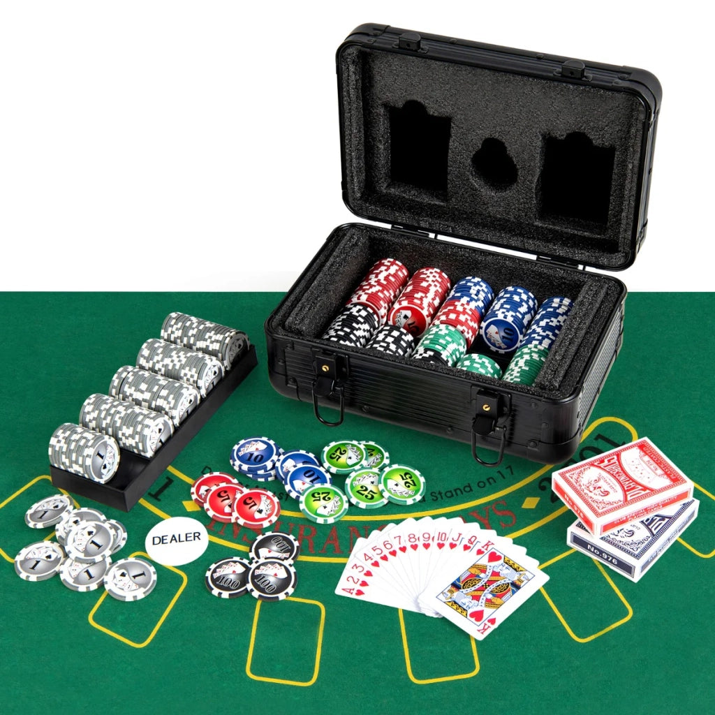 Set di fiches da poker 300 fiches 29 x 20 x 16 cm adatto ai tornei design moderno alluminio nero 20_0012248