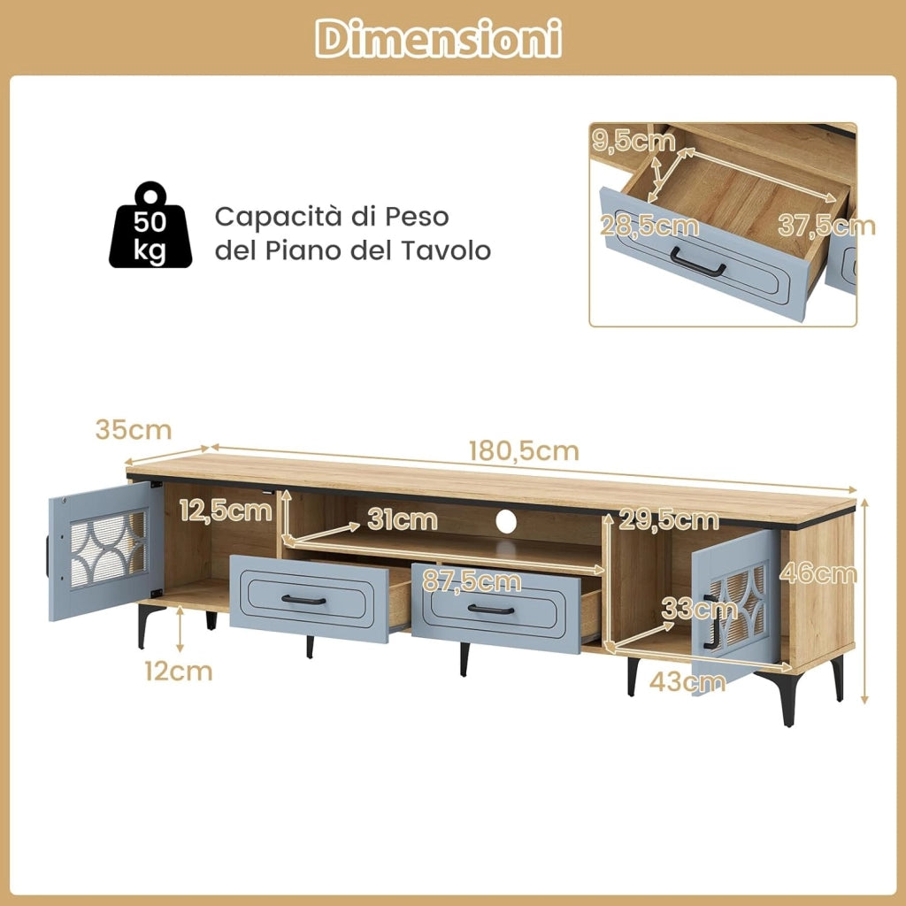 Mobile TV in Legno per Televisori Fino a 80", Mobile Porta TV 180 cm con 2 Cassetti, 2 Armadi e Scomparto, 7 Gambe Metalliche Rialzate, Consolle Media per Soggiorno (Blu)