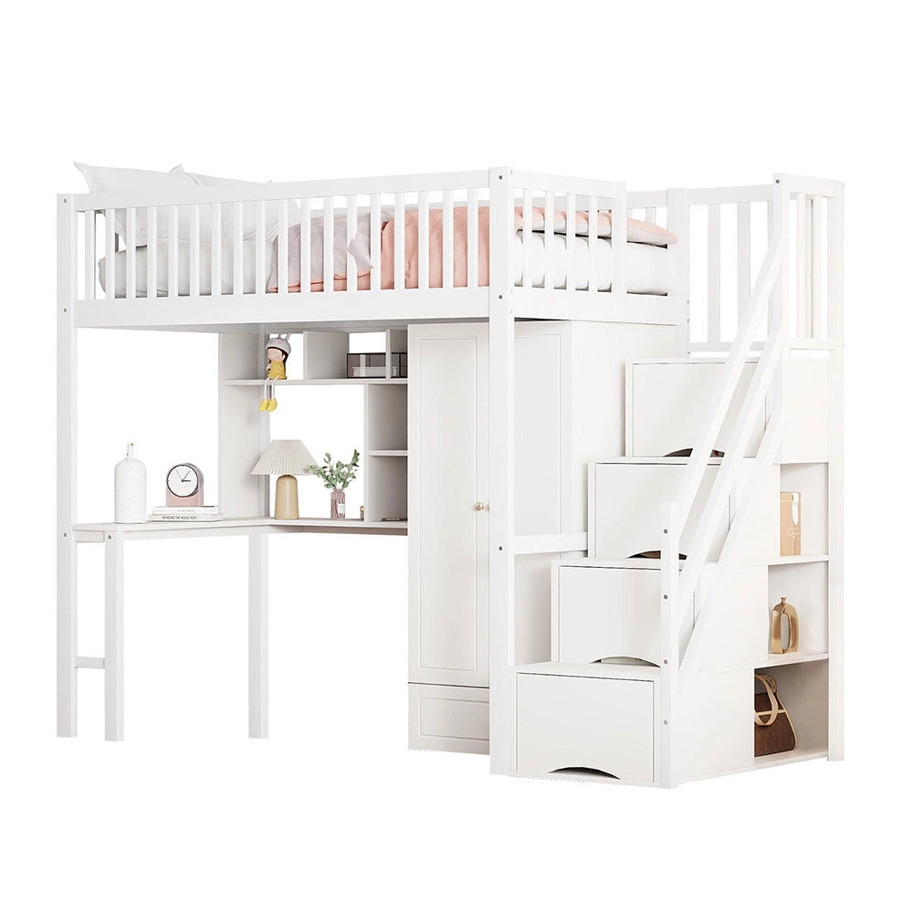 Letto a Soppalco Multifunzione – Xylo – 90x200cm, Legno Bianco, Grande Armadio, Scaffale, Tavolo, Scala, Ripostiglio