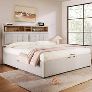 Letto matrimoniale imbottito 160x200 cm in lino beige con testiera regolabile; USB e Type-C; contenitore