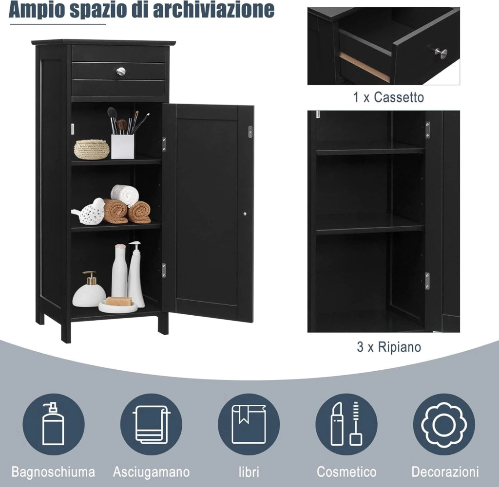 Armadietto da Bagno Autoportante 35x30x87cm, con Cassetto Anta Ripiani Regolabili a 7 Livelli, Mobiletto Bagno Salvaspazio Multiuso, con Dispositivo Antiribaltamento (NERO)