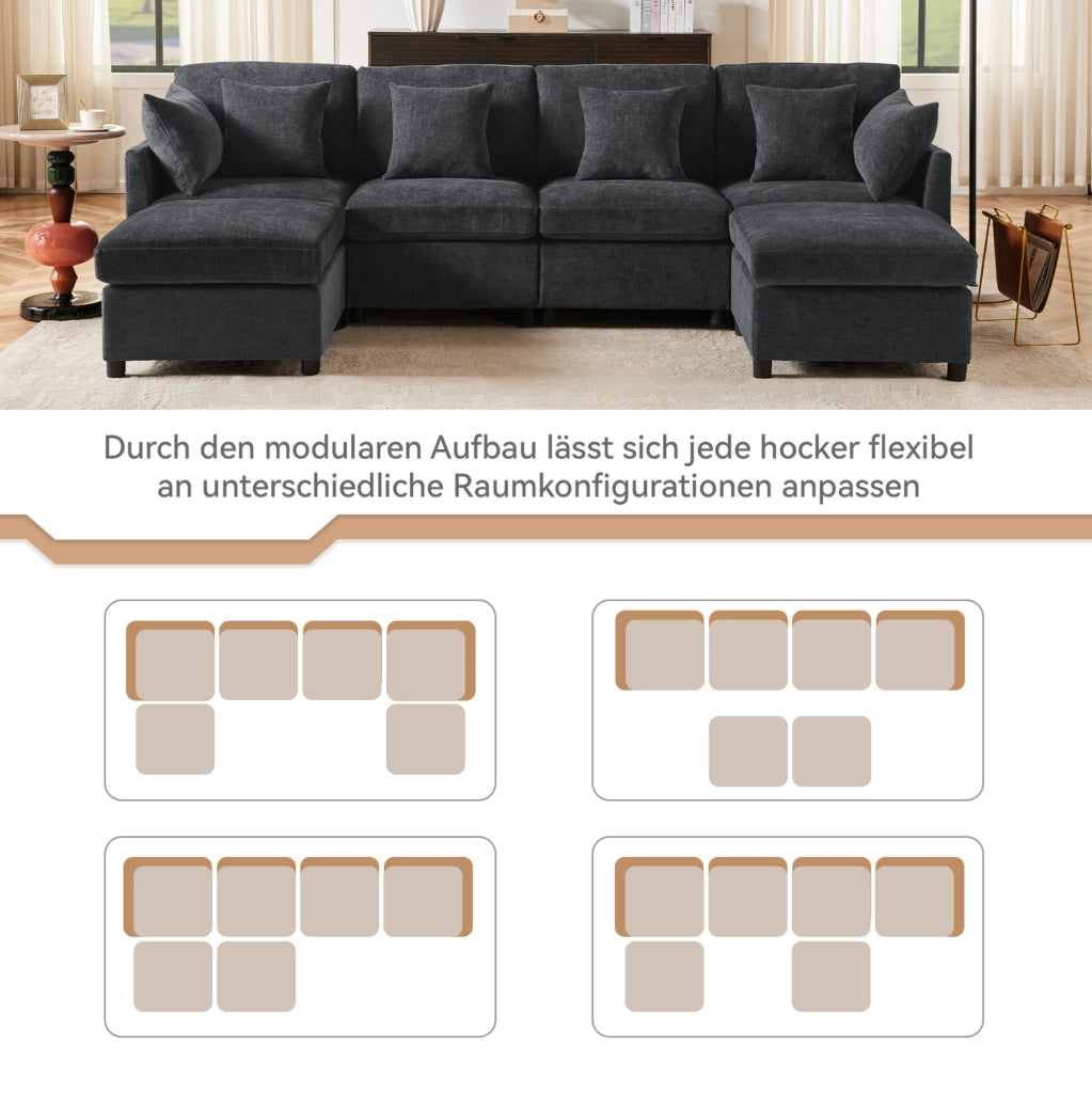 Divano modulare in ciniglia grigio con 2 pouf e 6 cuscini; 278 × 161 × 81 cm