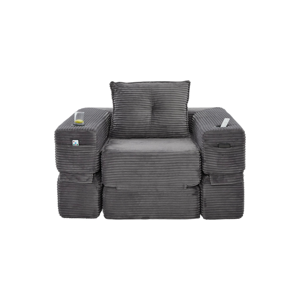 Divano Letto Pieghevole ¨C MINIMAL ¨C Tessuto a Coste, Cuscini, Portabicchieri