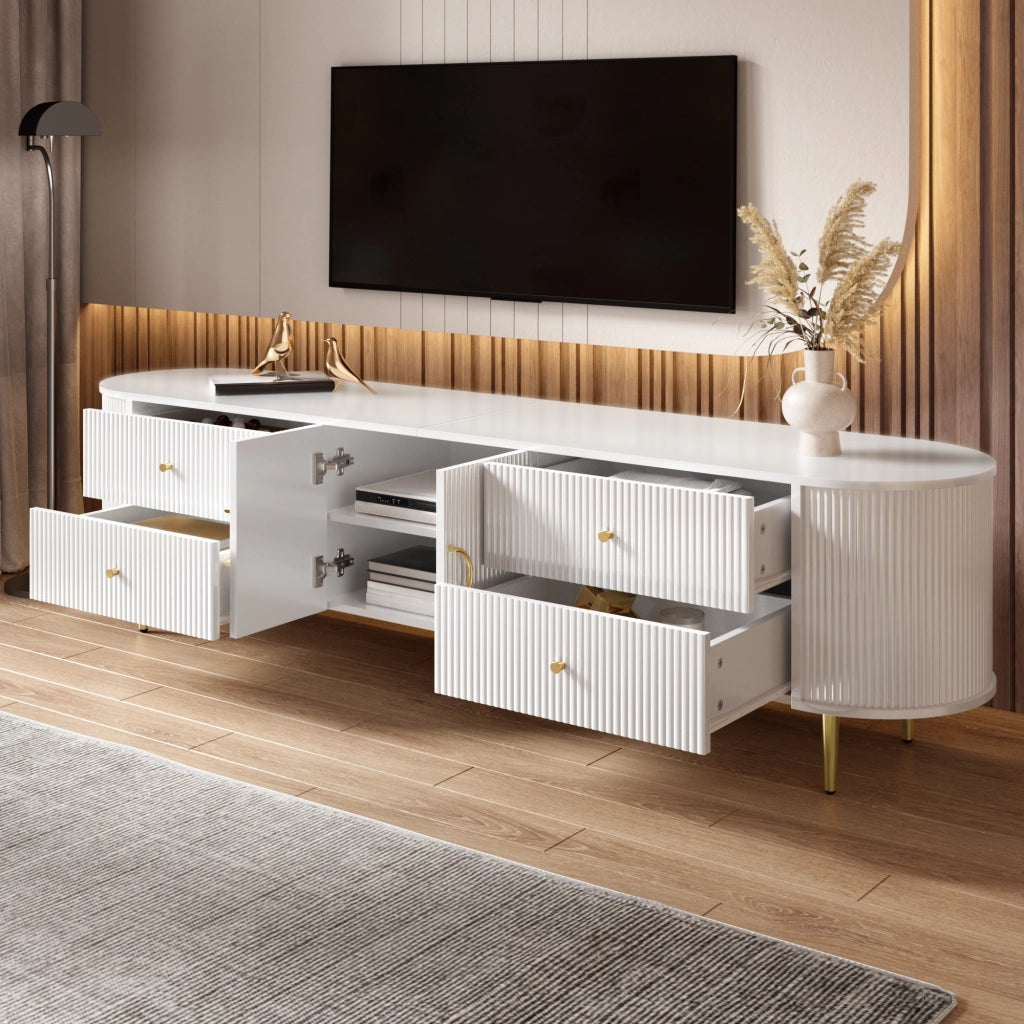 Mobile TV con ante a onde tridimensionali e cassetti; 180x40x38 cm; MDF bianco