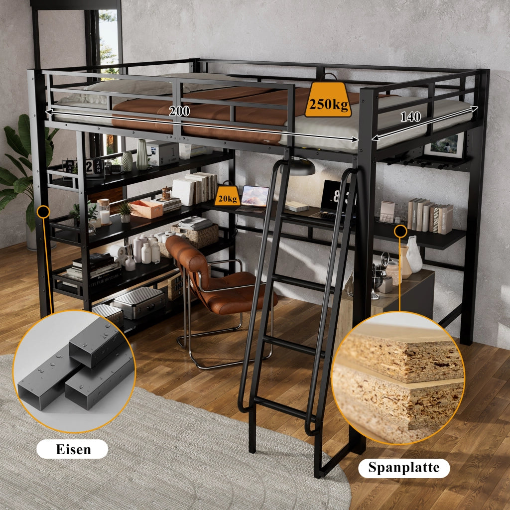 OKWISH Letto a soppalco 140×200 cm, Letto Matrimoniale con Mensole, Porta di Ricarica e Scala Inclinata, senza Materasso, Nero