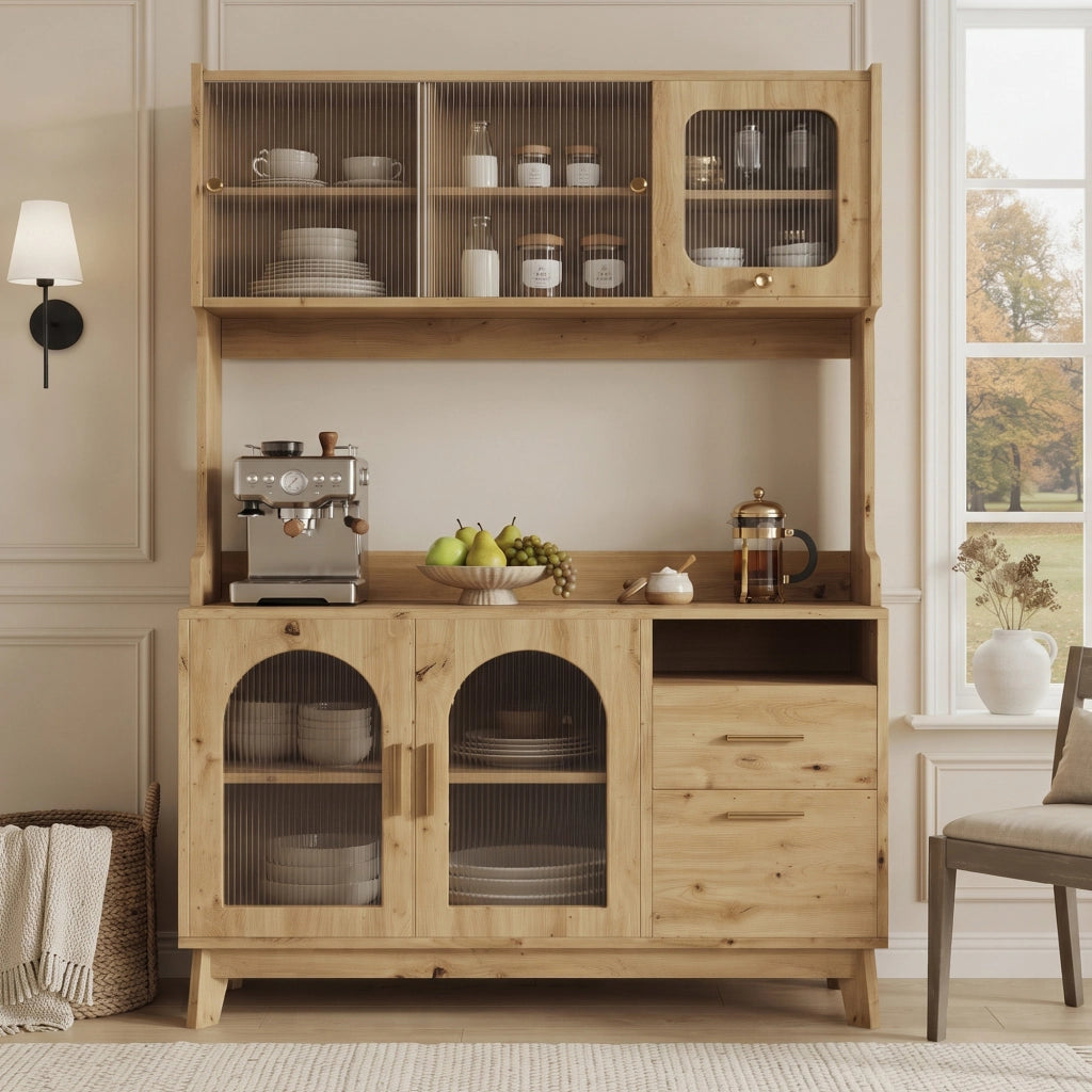 Credenza alta con vani e prese USB; per cucina; in truciolare; 120×40×178 cm; legno