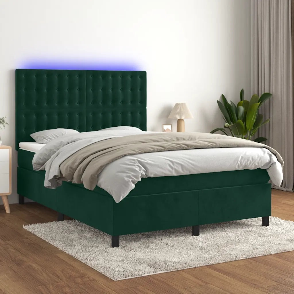 Letto a Molle con Materasso e LED Verde Scuro 140x190cm Velluto 3136362