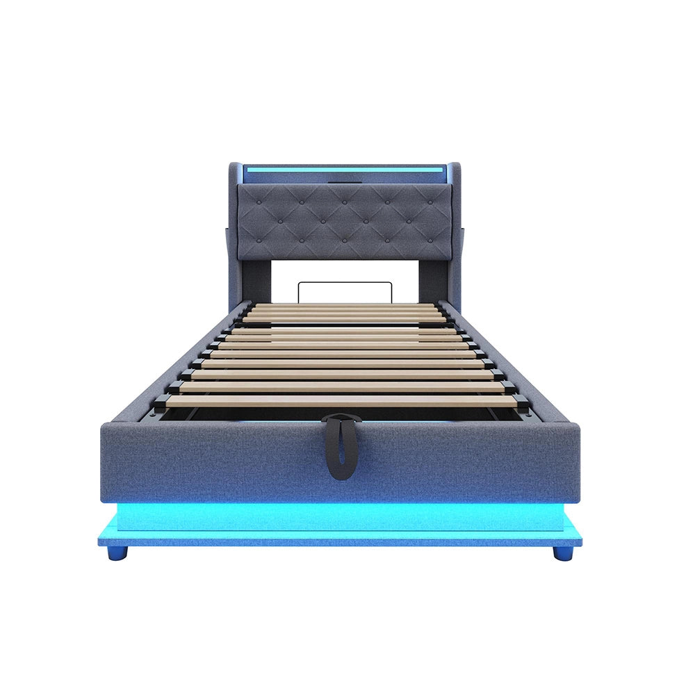 Letto bambino-Xylo-90x200 cm-LED RGB, USB, tasca telefono, lino grigio