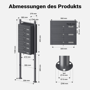 Cassetta postale condominiale autoportante 6 posti, 1 modulo, antracite 556 x 270 x 1500 mm