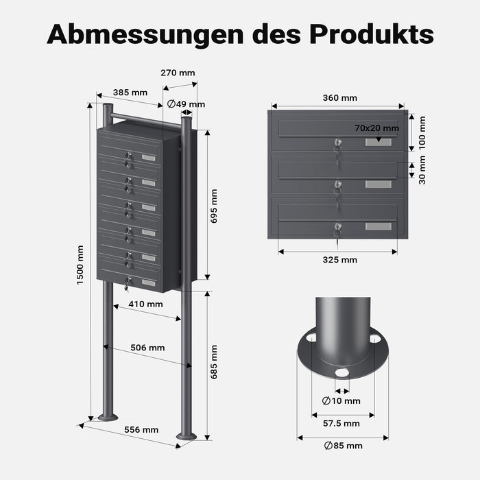 Cassetta postale condominiale autoportante 6 posti, 1 modulo, antracite 556 x 270 x 1500 mm