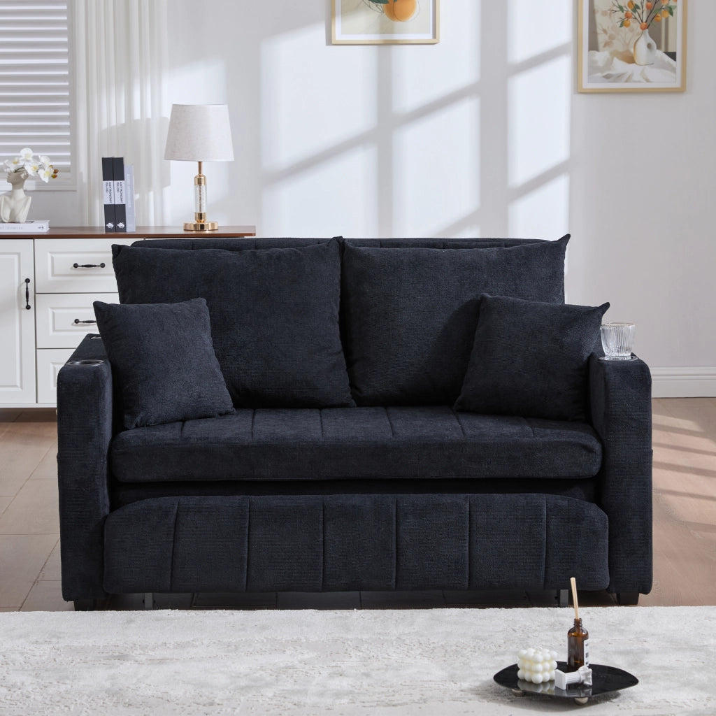 OKWISH Divano Letto 2 Posti con Tasca Laterale e 4 Cuscini, Seduta in Schiuma ad Alta Densità, Ciniglia, Nero