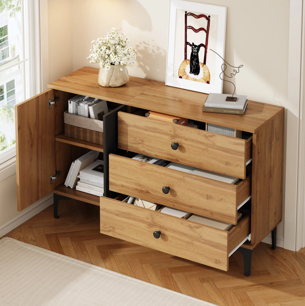 Sideboard 120x35x76 cm con anta e 3 cassetti in pannello truciolare nero e naturale