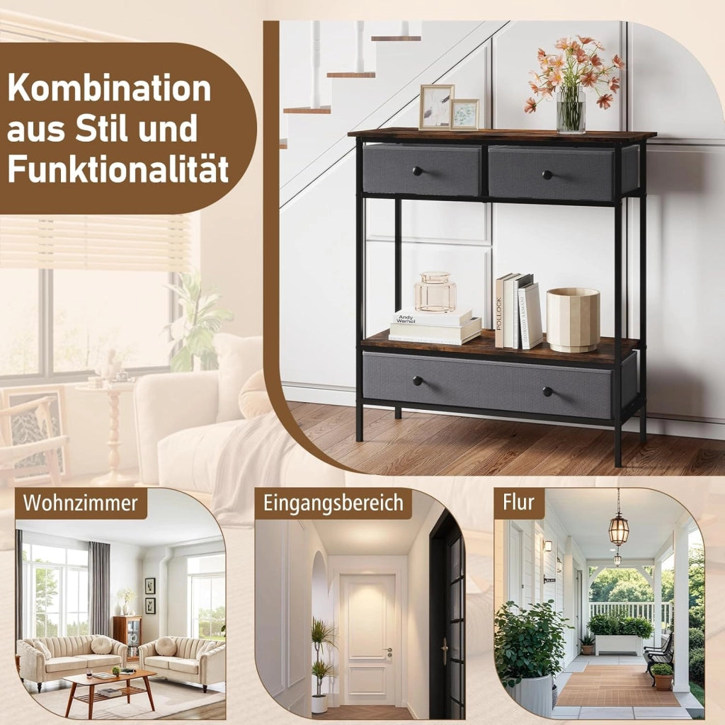 Tavolo consolle con 3 cassetti pieghevoli e vano portaoggetti aperto, tavolo d'ingresso con telaio in metallo, tavolo da esposizione rustico per soggiorno, corridoio e ingresso, 80 x 30 x 85,5