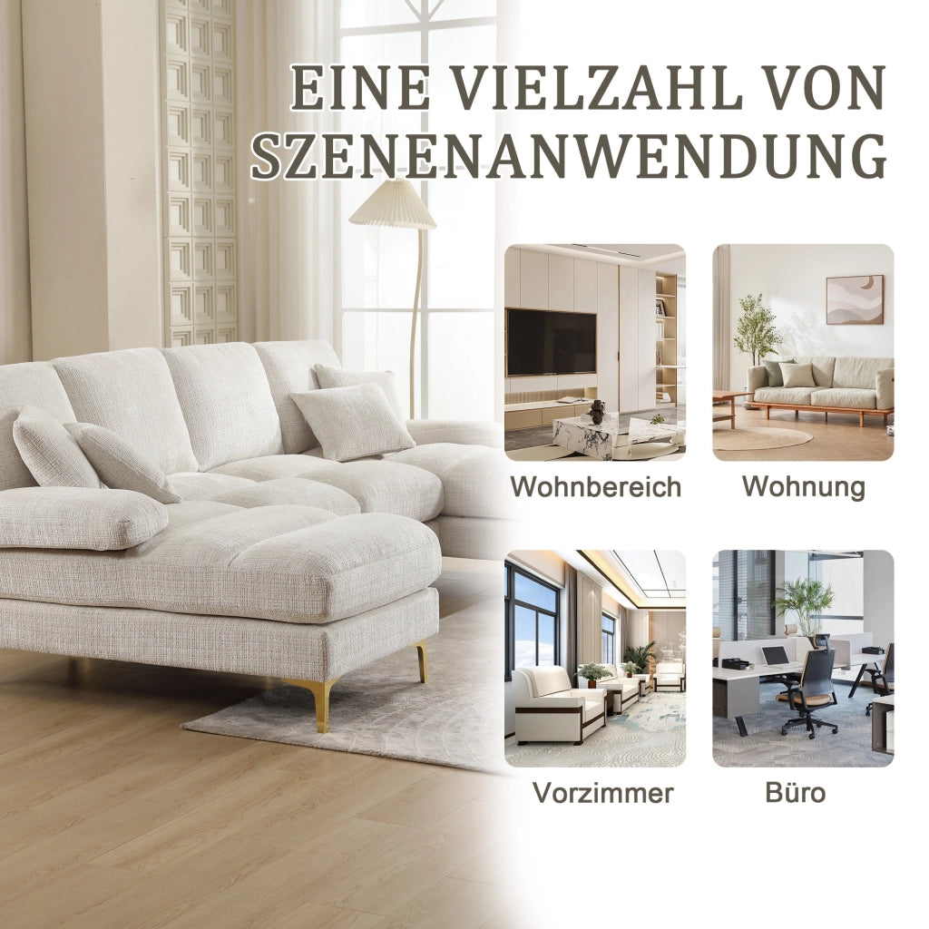 OKWISH Divano Panoramico a U, Doppia Chaise Longue con Cuscini Schienale e Piedi in Metallo, Ciniglia Beige 272 × 136 × 88 cm