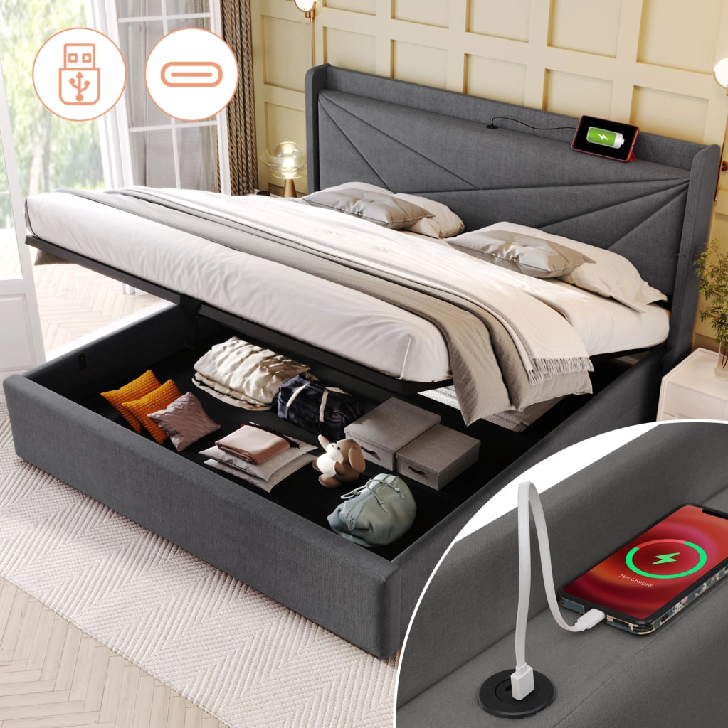 Letto matrimoniale contenitore 140x200 cm in cotone e lino grigio con USB e Type-C