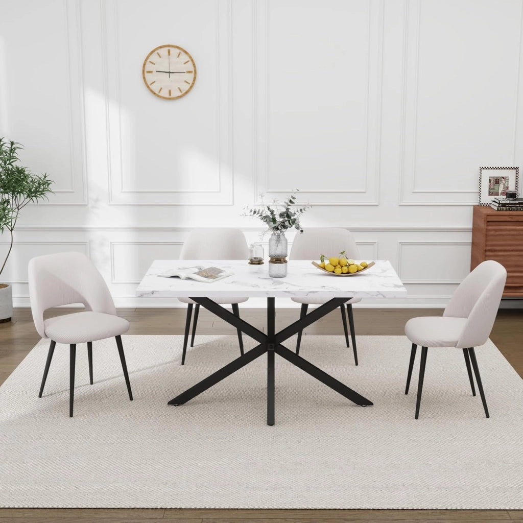GrandCA HOME Tavolo da Pranzo Moderno da 140 cm con Piano Effetto Marmo, Tavolo da Cucina con Quattro Gambe in Metallo, per Sala da Pranzo in Soggiorno, WH+BK