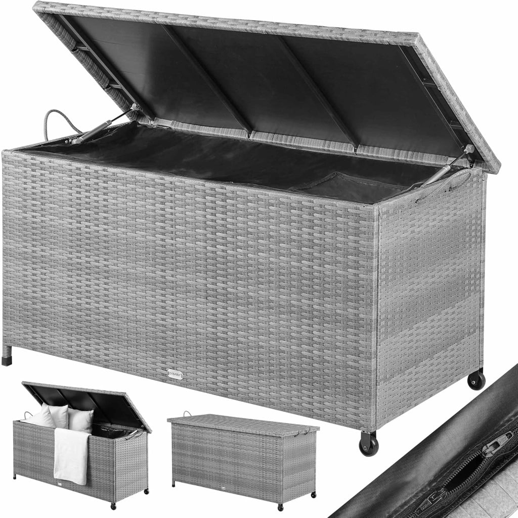 Baule da Giardino Salvaspazio 122x56x62cm Polyrattan Box Esterno con Rotelle Coperchio