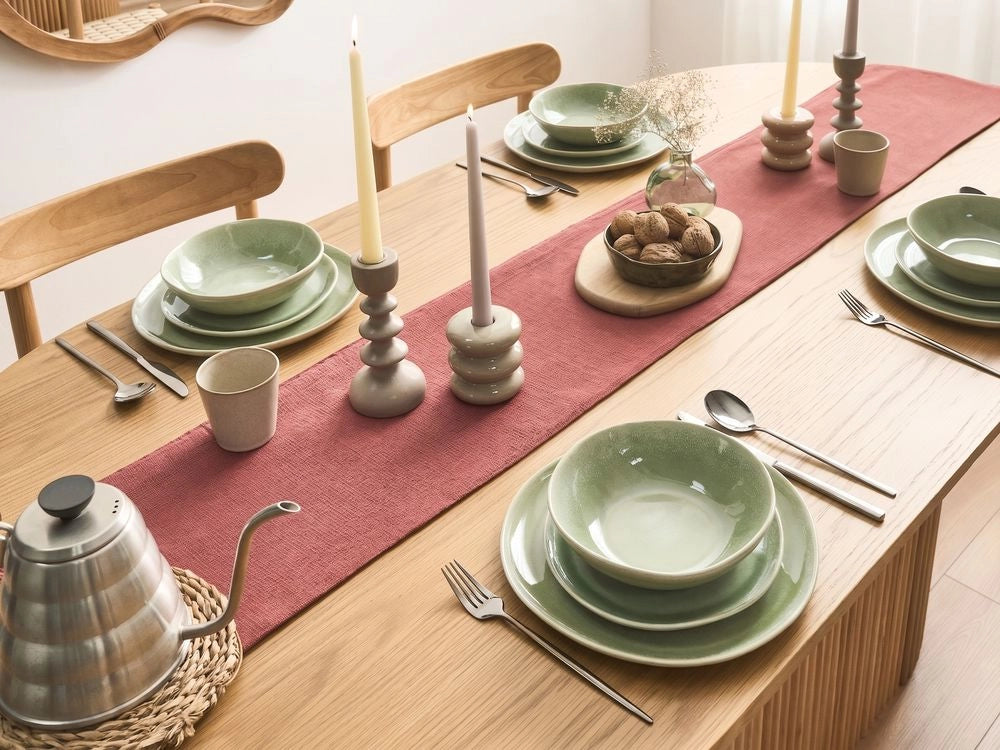 Set di 24 stoviglie in gres caolino fatto a mano con smalto reattivo verde Cucina Sala da pranzo