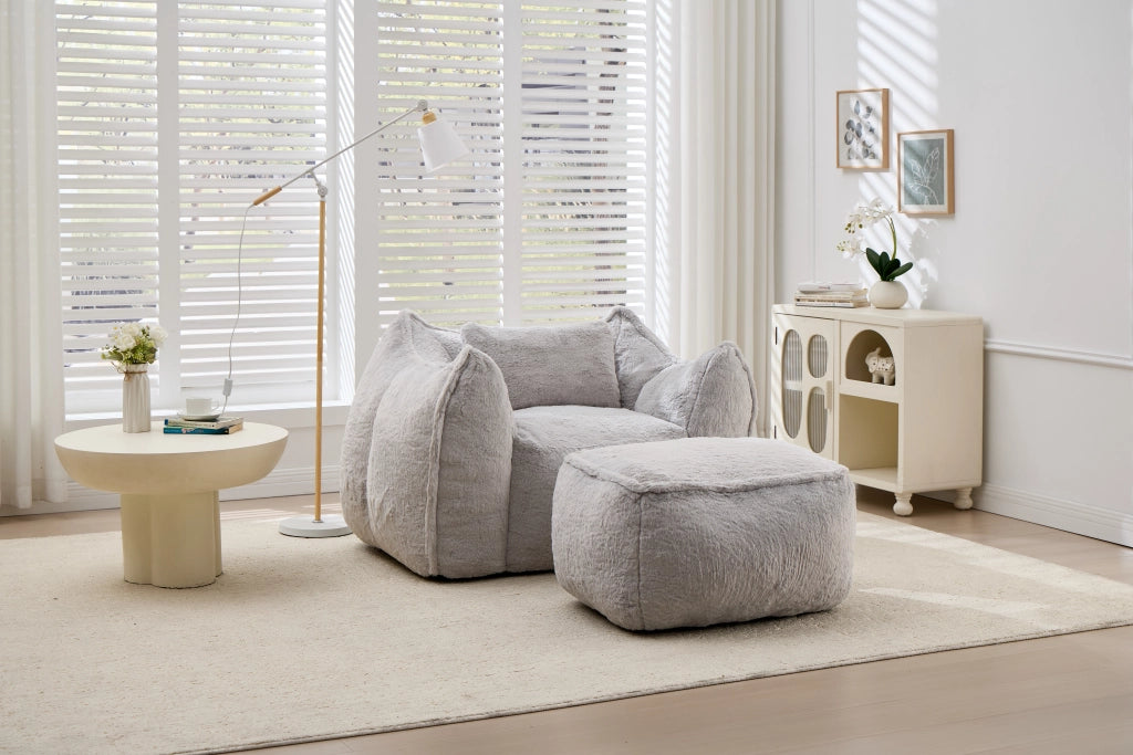 Pouf poltrona ergonomico con poggiapiedi e imbottitura in schiuma, per soggiorno, in pelliccia sintetica grigio