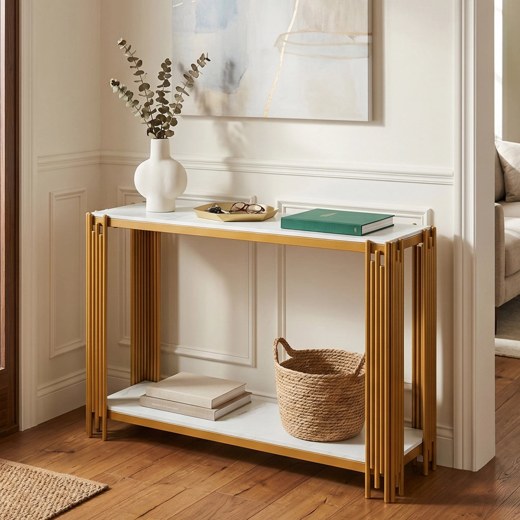 Consolle con 2 ripiani, effetto marmo, in MDF e metallo dorato, per ingresso e soggiorno, 123,5 × 33,5 × 80 cm