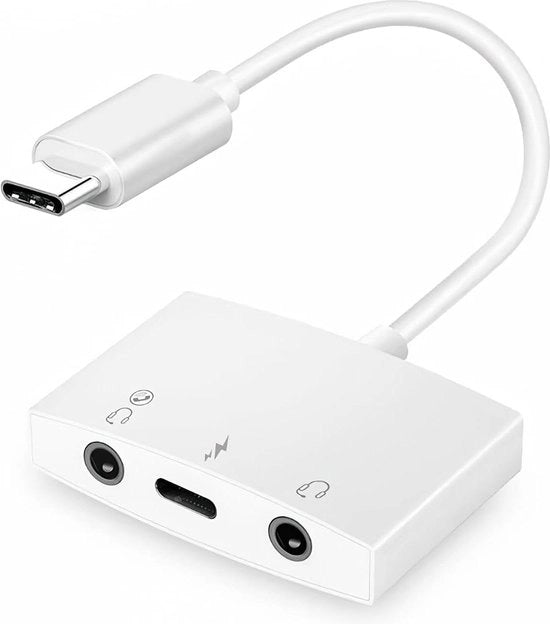 Adattatore 3-in-1 USB-C a doppia connessione 35 mm per cuffie - alta qualità audio e ricarica rapida - per Android e MacBook.