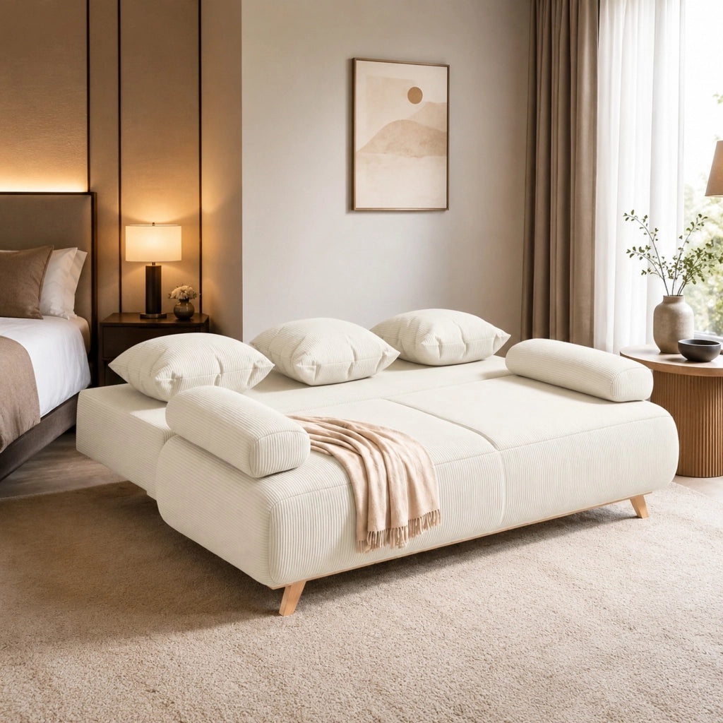 Divano letto 3 posti con contenitore e schienale regolabile in velluto a coste beige