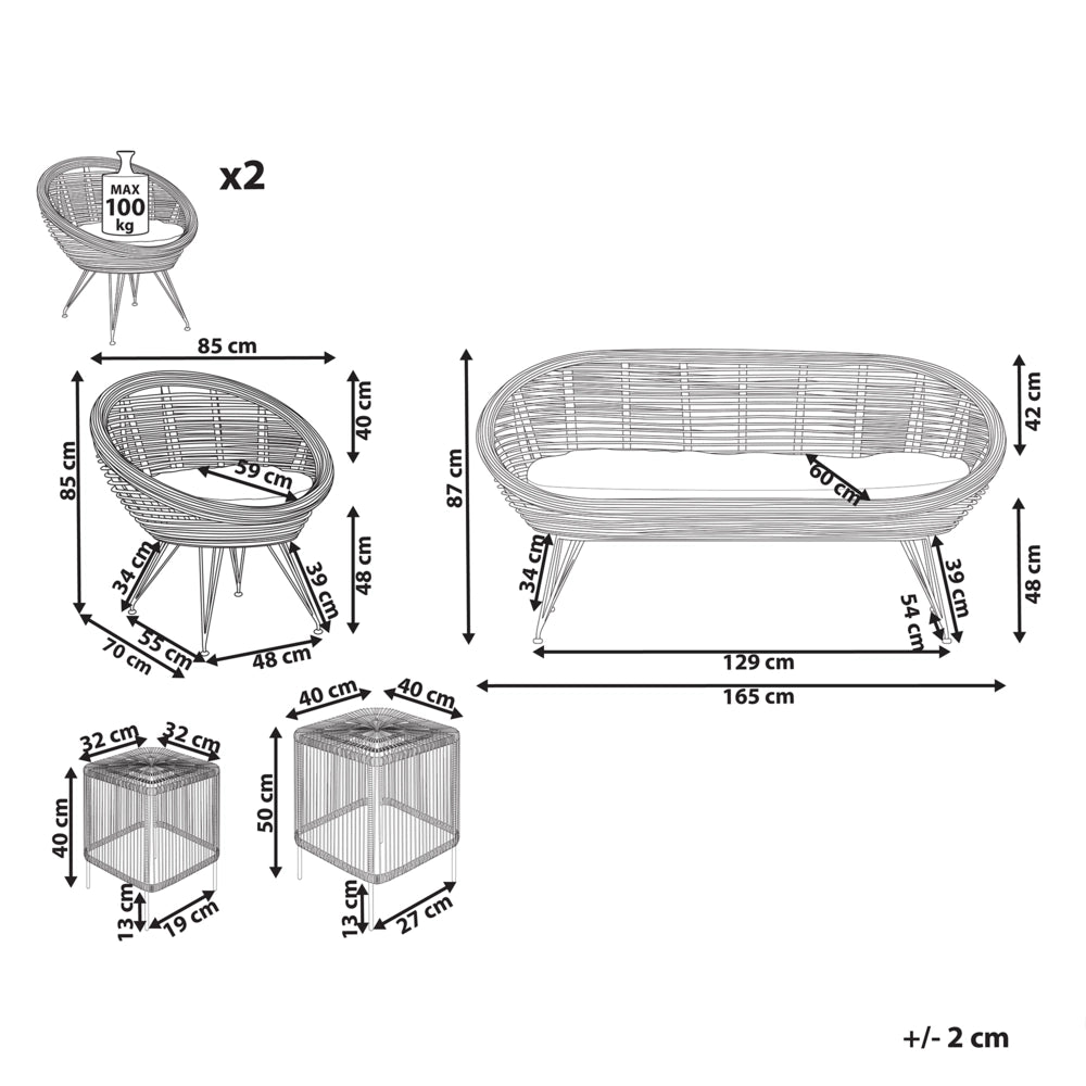 Set di divani a 4 posti in rattan naturale beige chiaro con cuscini in cotone con 2 tavolini per interni e per esterni stile bohémien giardino balcone.
