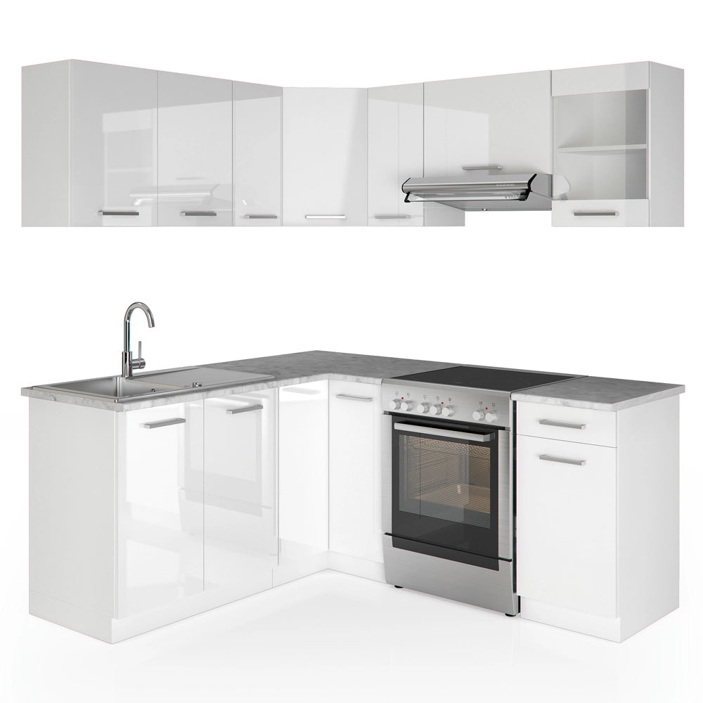 Vicco Cucina angolare completa Bianco/bianco lucido 187 x 167 cm , PL Marmo con striscia LED
