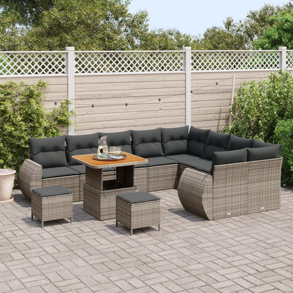 Set Divano da Giardino  12 Pezzi con Cuscini Grigio Rattan Poli Acacia