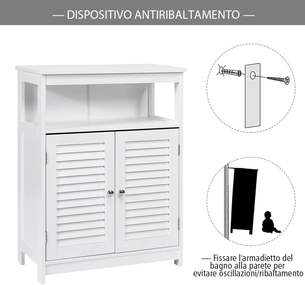 Armadietto del Bagno, Armadietto di Legno con Doppie Ante a Persiana e Mensola Regolabile, Armadio per Bagno Salone Camera da Letto (Bianco)