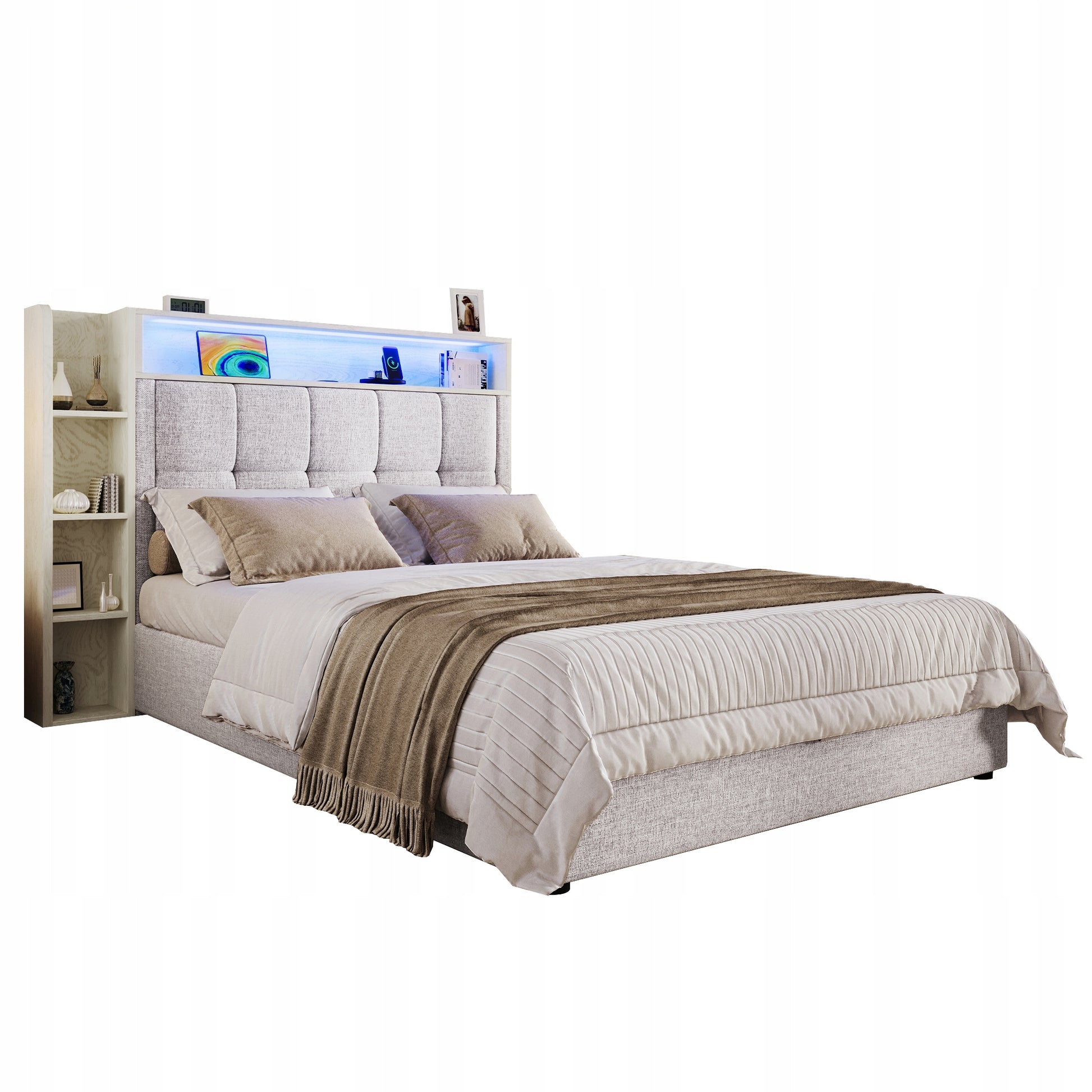 Letto imbottito 90x200 - Xylo - Beige, LED, USB-C, telaio sollevabile