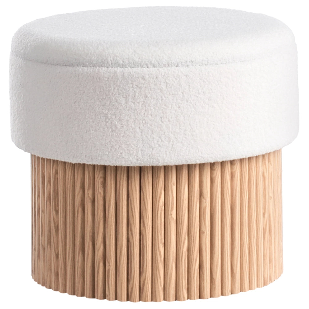 Pouf contenitore Seduta imbottita in bouclé bianco sporco Base in legno Poggiapiedi rotondo