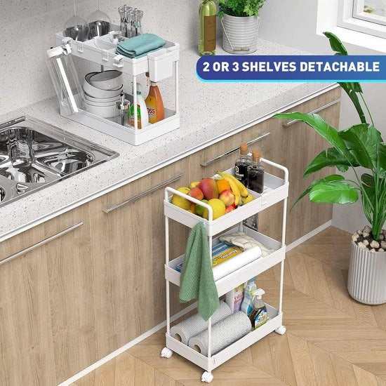 Opbergkar con 3 livelli, carrello rollante su ruote, con bicchieri appesi e separatori di spazio, per ufficio, bagno, cucina, lavanderia, spazi stretti, bianco