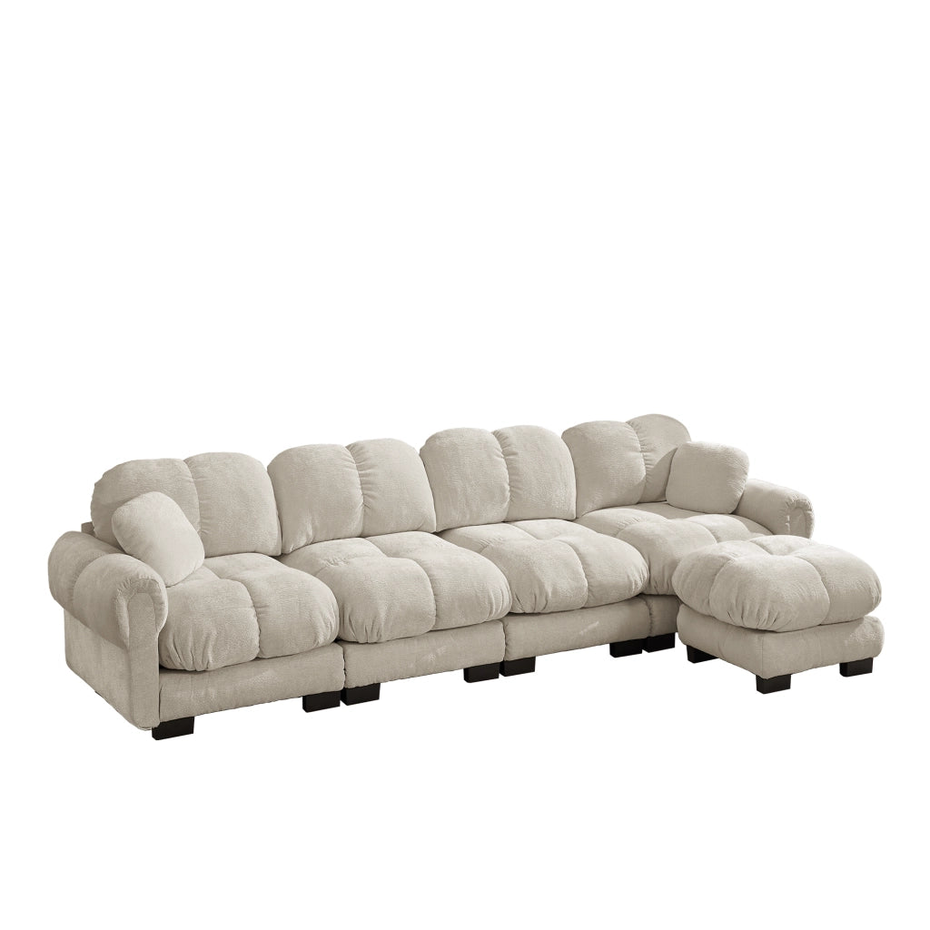 Divano modulare 330x149x90 cm con pouf mobile in ciniglia; kaki chiaro