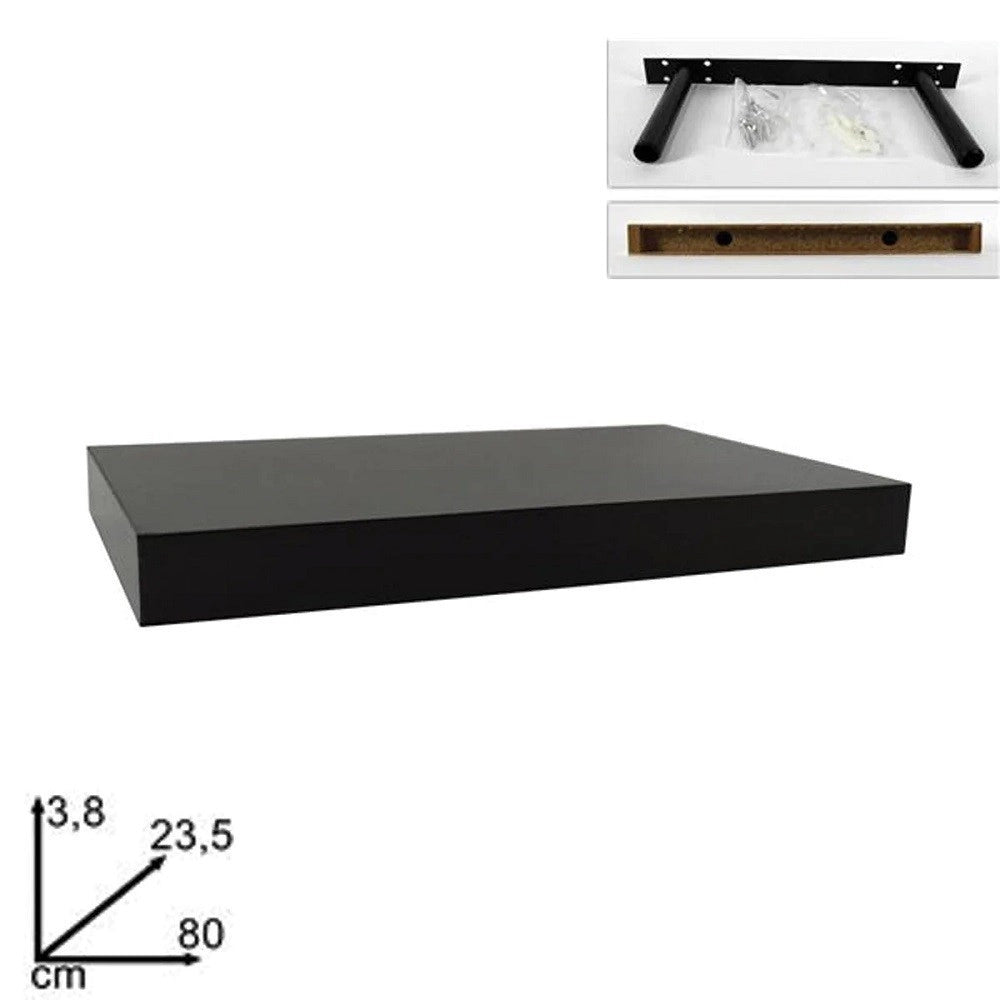 Trade Shop - Mensola Da Parete In Legno Mdf 80x23,5x3,8cm Pensile Scaffale A Muro Staffe Nero -