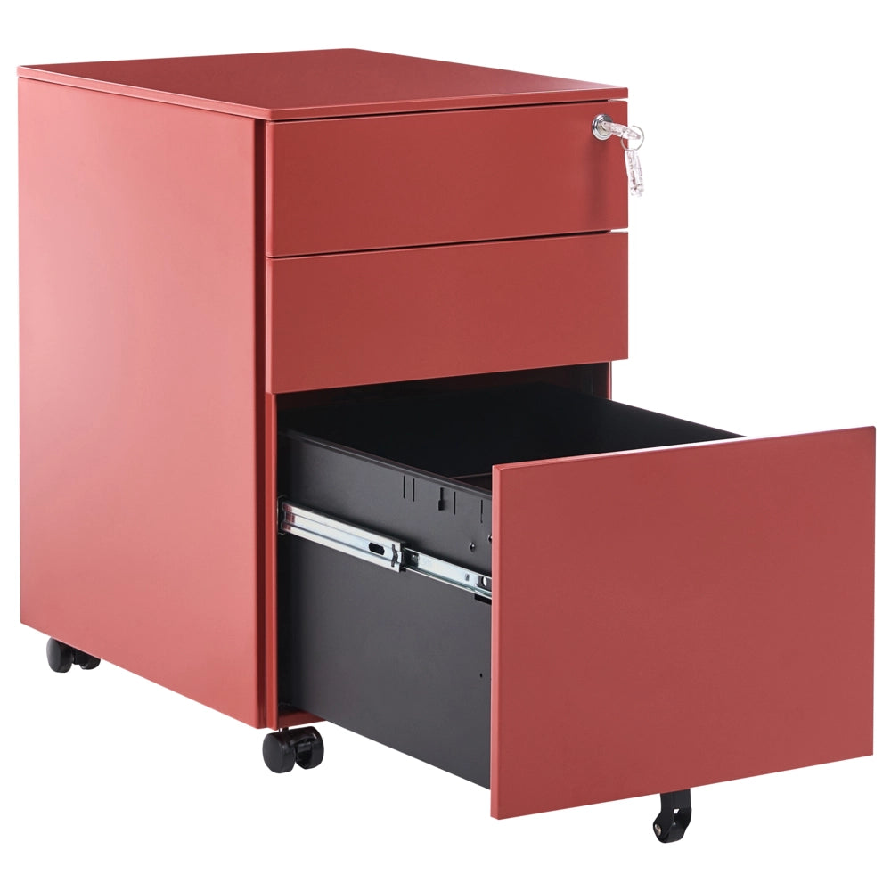 Armadietto mobile contenitore Metallo Rosso 3 Cassetti Con Serratura A Chiave Ruote Ufficio Industriale